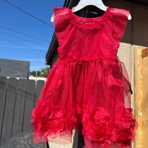 Sparkling Red Tulle Dress with Floral Accents